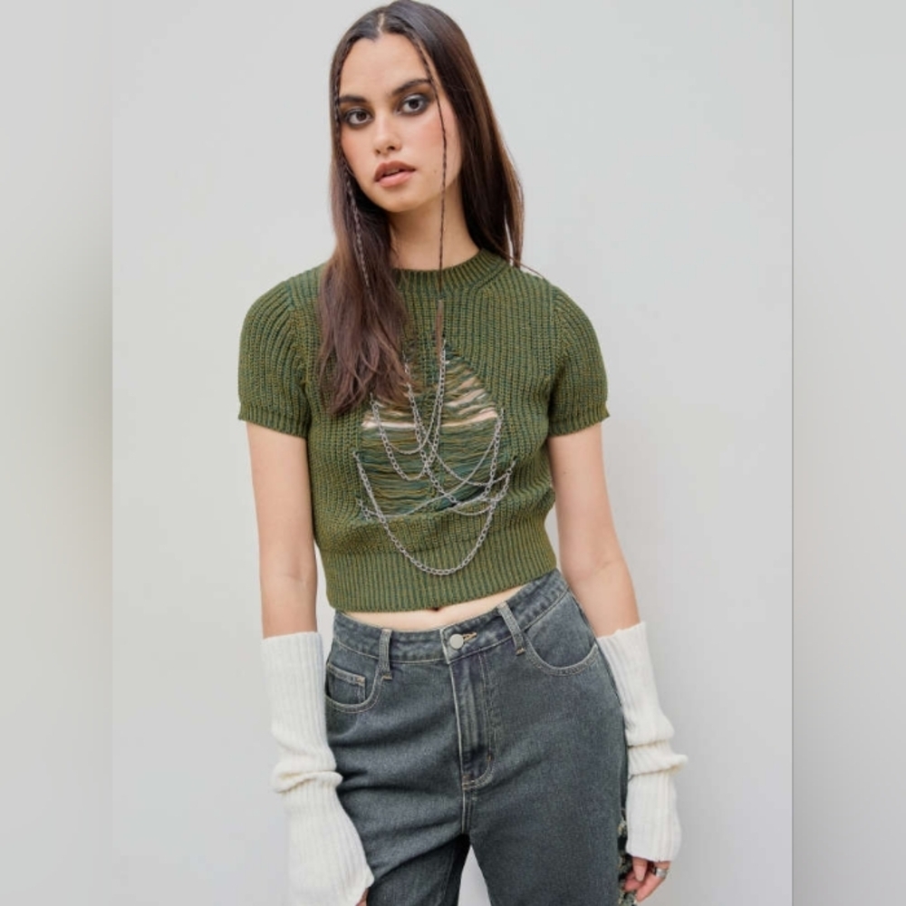 Round neck chain destroyed knit shorts sleeve crop top - Cider - Picture 3 of 7